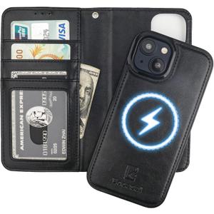 Bocasal for iPhone 15 Wallet Case Compatible with MagSafe Wireless Charging, RFID Blocking Magnetic Leather Case with Card Slots Holder Kickstand Detachable Wrist Strap 6.1 Inch (Black)