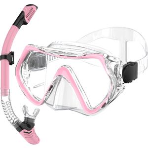 Snorkeling Gear, Dry Snorkel Set180 Panoramic Wide View,Anti-Fog Scuba Diving Mask, Professional Snorkeling Gear for Free Breathing, Swimming, Diving (AdultsNot fit for kids, Pink)