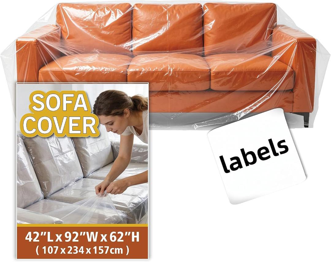 Plastic Clear Sofa Furniture Covers for Moving Storage, Waterproof and Dust Proof, Extra Large Clear Furniture Moving Covers for Couch with Label, Bag Open Size 92x 62 x 42 Inch