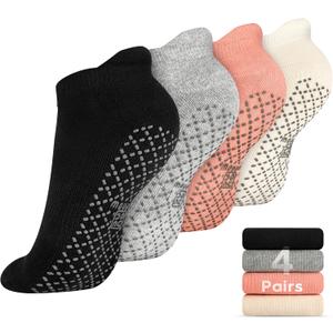 unenow Unisex Non Slip Grip Socks with Cushion for Yoga Pilates Barre Home & Hospital (Small, 4 Pairs-black/Light Grey/Beige/Pink)