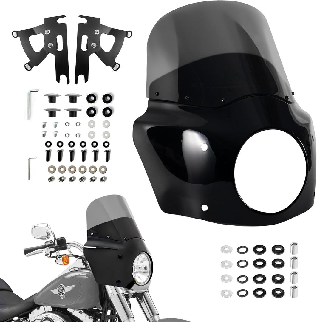Club Style Front Fairing w/ 11" Smoke Windshield, Fits 7" Headlight for Harley Softail 2000-2017, Headlamp Cowl Kit for Fat Boy FLSTF, Heritage Classic FLSTC, Slim FLS, Deluxe