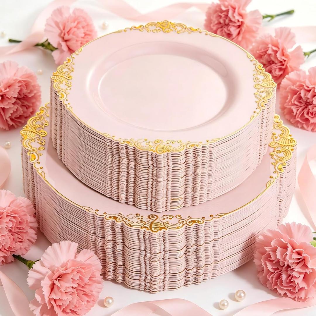 102PCS Pink Plastic Plates - Pink and Gold Plate - Heavyweight Disposable Plate with Gold Rim - Fancy Dinner & Dessert Plates for 51 Guests Weddings & Parties