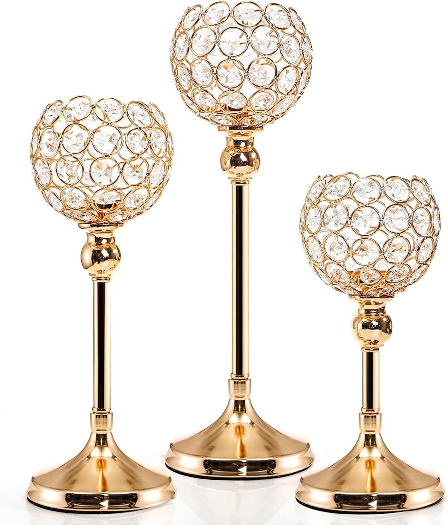 ZEAYEA Set of 3 Crystal Candle Holders, Gold Candlesticks Holder for Pillar Candles and Tea Light, Candle Stand Table Centerpieces for Wedding Party Christmas Home Decor Housewarming Gift, 3 Size