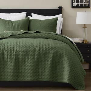 palassio Olive Green 100% Cotton Quilt Queen Size Bedding Sets with 2 Pillow Shams, Textured Lightweight Soft Bedspread Shabby Chic Coverlet, Quilted Comforter Bed Cover for All Season, 3 Pieces (Queen(90"x96")