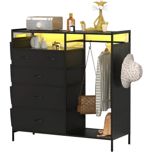 5-Drawer Wardrobe Dresser for Bedroom with Clothes Rack & Side Pockets, Wood Top Organizer with Charging Station & LED Lights, Sturdy Steel Frame – Ideal for Nursery, Closet, Hallway Storage (Black)