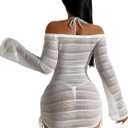 ZAFUL Womens Swimsuit Cover Up Dress Off Shoulder Hollow Coverup Bathing Suit Mesh Swim Beach Dress (White, L)