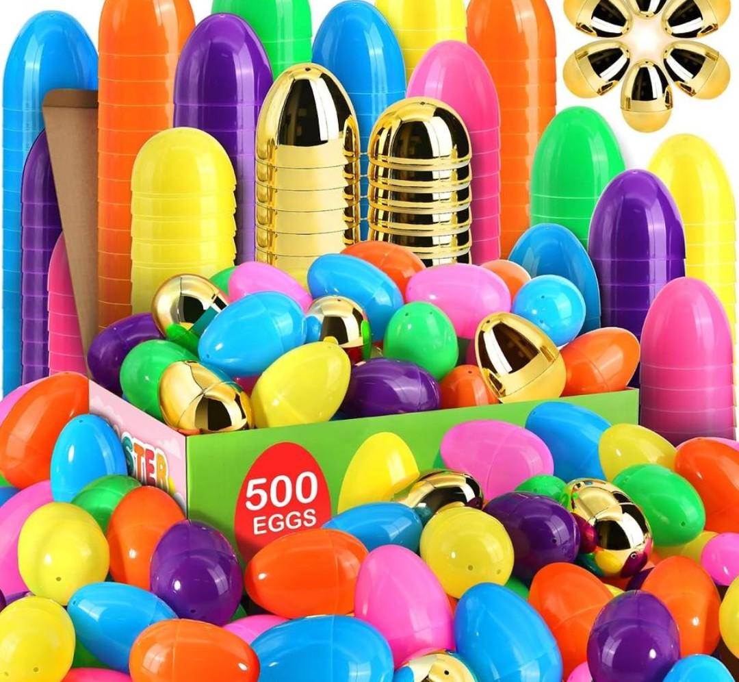 LEASEN [ 12 Surprise Golden Eggs ] 500 Pack Plastic Easter Eggs Bulks, 2.3 Inch Empty Easter Eggs, Bright Colors Plastic Eggs Fillable for Easter Hunt, Basket Stuffers Fillers, Easter Party Favor Pack Of 3