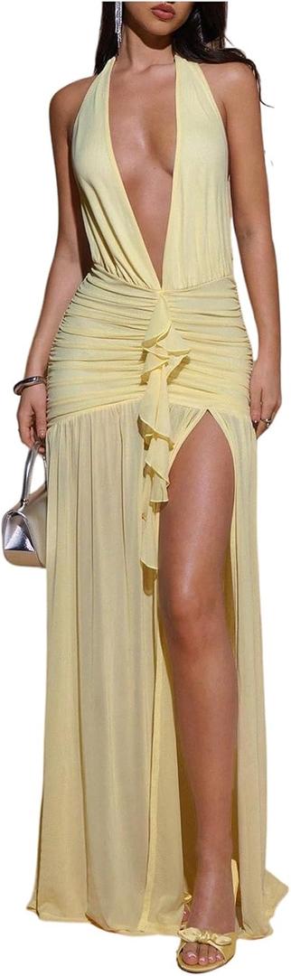 SHENHE Women's Sexy Halter Deep V Maxi Dress Open Back High Slit Ruched Ruffle Party Cocktail Dress (Yellow, M)