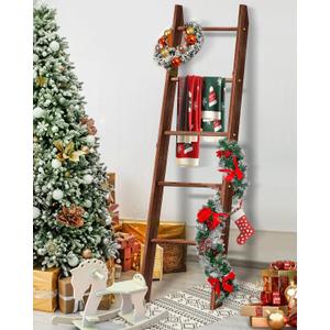 Blanket Ladder for Living Room, 5-Tier Wooden Ladder Shelf, Rustic Decorative Blanket Rack for Blankets, Quilts, Farmhouse Decor Ladder Shelf for Bedroom Bathroom Home Christmas Decor, Brown