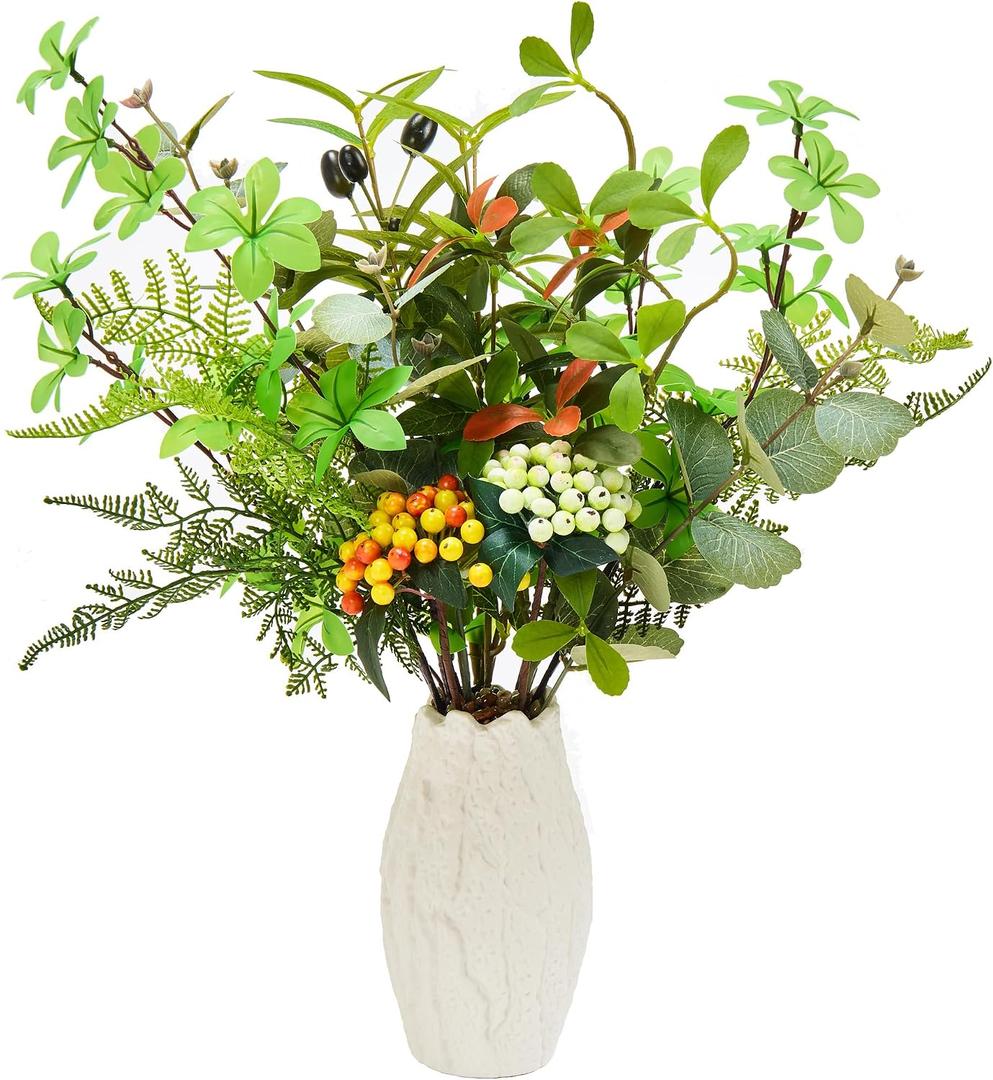 K&Y Realistic Artificial Potted Plants Olive Wild Fern Berry Decor Low Maintenance Faux Greenery Indoor Fake Plants for Home Office Bathroom Kitchen Desk Shelf No Watering Needed (White Vase), 21"