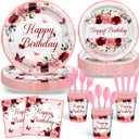 Avezano 168 PCS Burgundy Birthday Party Decorations Rose Gold Floral Birthday Tableware Set Floral Plates Napkins Supplies for Women Girls, Serves 24