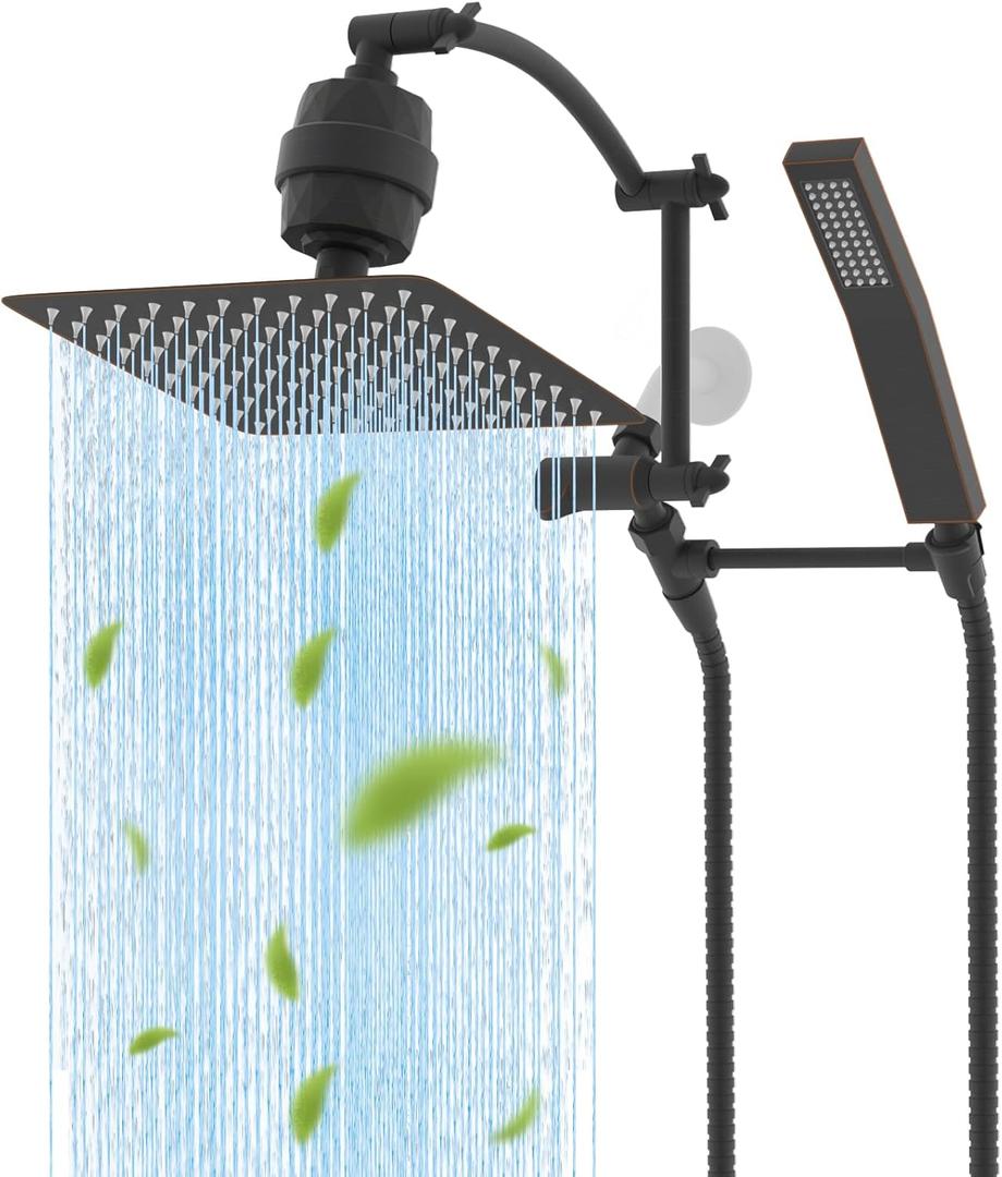 Hibbent Metal 10'' Filtered Rainfall Shower Head with Handheld Combo, High Pressure Shower Wand, 16'' Adjustable Arc Extension Arm, 20 Stage Shower Filter, 71'' Hose, Shower Holder, Oil Rubbed Bronze