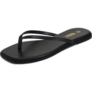 Rihero Flip Flops for Women Comfortable Square Toe Beach Sandals Slip On Leather Thong Flat Sandals Dressy (8.5, Black)