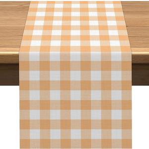Vohado Sunny Orange Gingham Table Runner Summer Sun Checkered Baby Shower Wedding Birthday Party Decoration Thanksgiving Dining Home Kitchen Island Decor