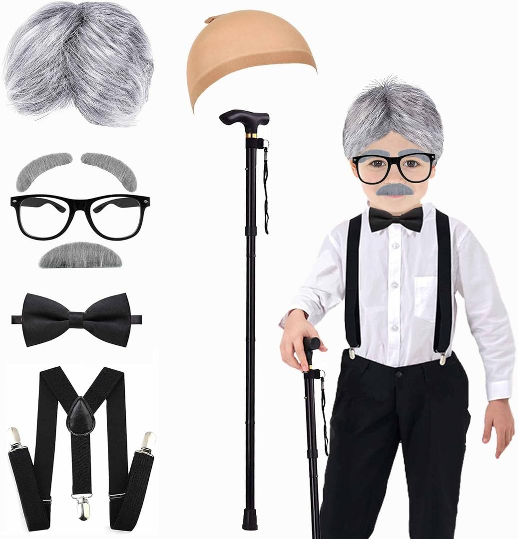 Kids 100 Days of School Costume for Boys, Old Man Costume Wig for Kids,100th Day of School Dress Up Outfit (Silver White)