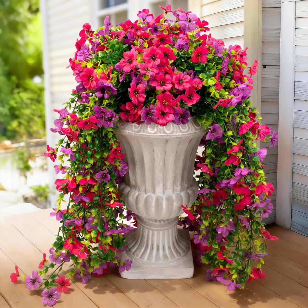 Artificial Hanging Flowers for Outdoors Faux Plants, 2PCS Artificial Outdoor Flowers for Spring Decor, UV Resistan Realistic Daisy Fake Hanging Plants for Indoor Planter Garden(Rose Red & Red Lotus)