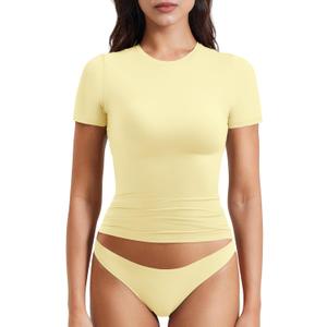 YEOREO Women Fitted Workout Tops Short Sleeve Double Lined Basic Y2K Going Out Crew Neck Compression Crop Top (Medium, Creamy Yellow)