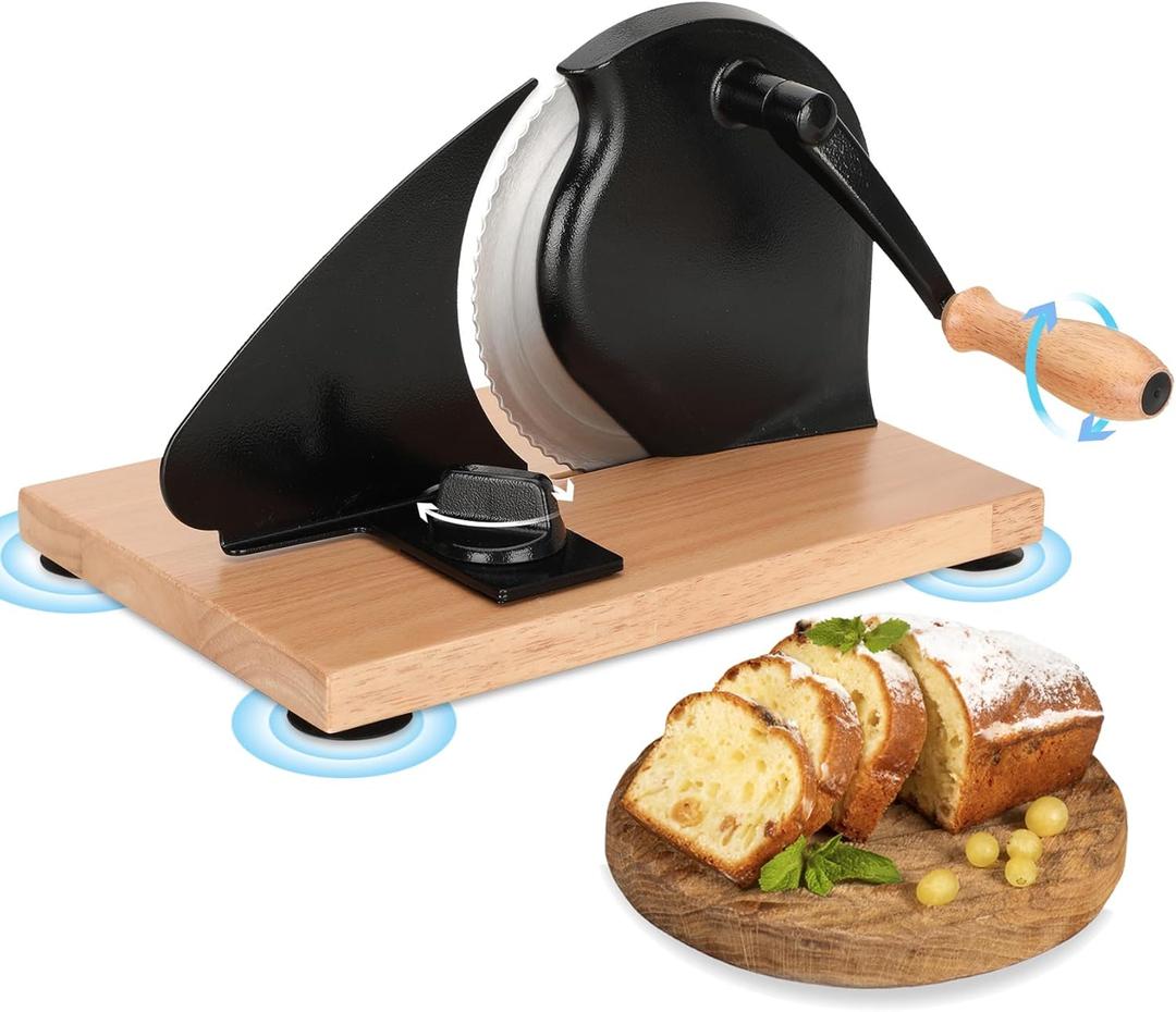Premium Manual Bread Slicer for Sourdough & Crusty Artisan Breads | Adjustable Thickness Stainless Steel Blade with Suction Base + Scale Guide | Hand Crank Even Slicing for Home Bakeries & Commercial