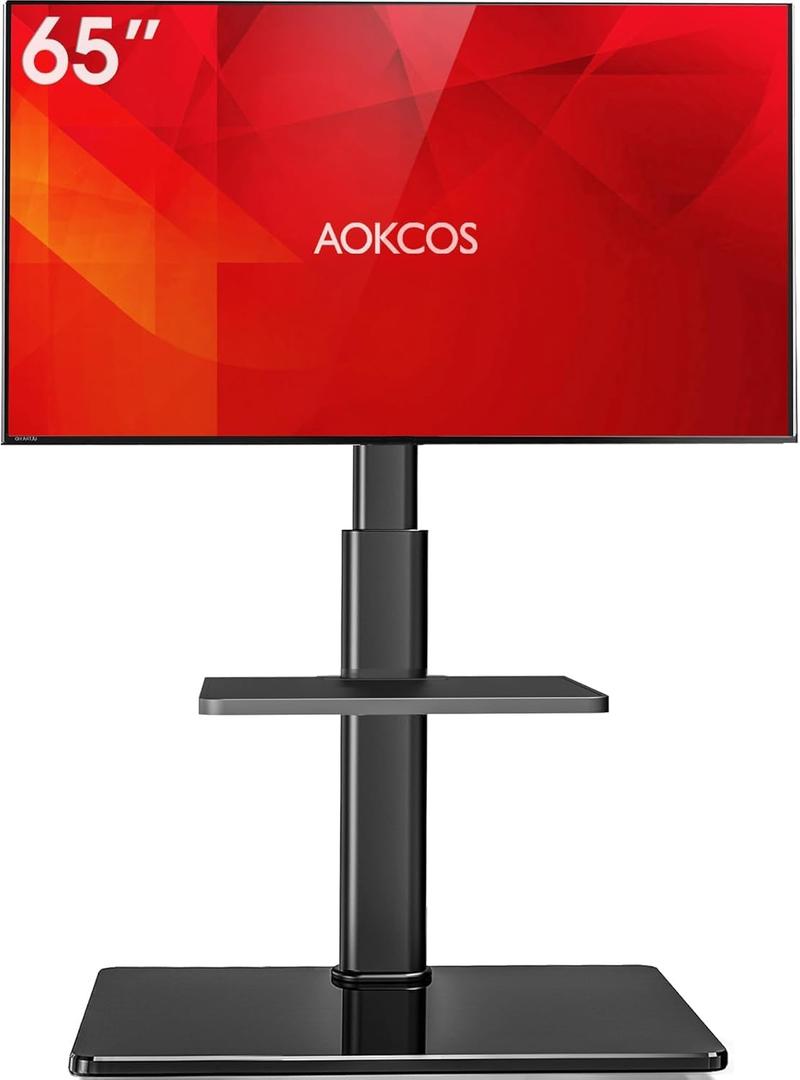 Floor TV Stand with 60-Degree Swivel, TV Floor Stand for 32-65 inch TVs up to 88lbs with Tilt, 8 Level Height Adjustable Tall TV Mount Stand with Shelf, Tempered Glass Base, MAX VESA 400x400mm (Black)