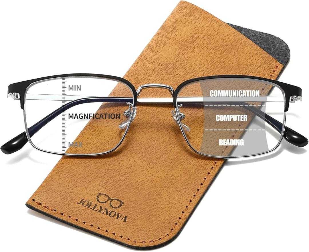 Progressive Reading Glasses Men,Titanium Metal Frame Blue Light Blocking Anti Eyestrain Multifocus Computer Readers (Black)