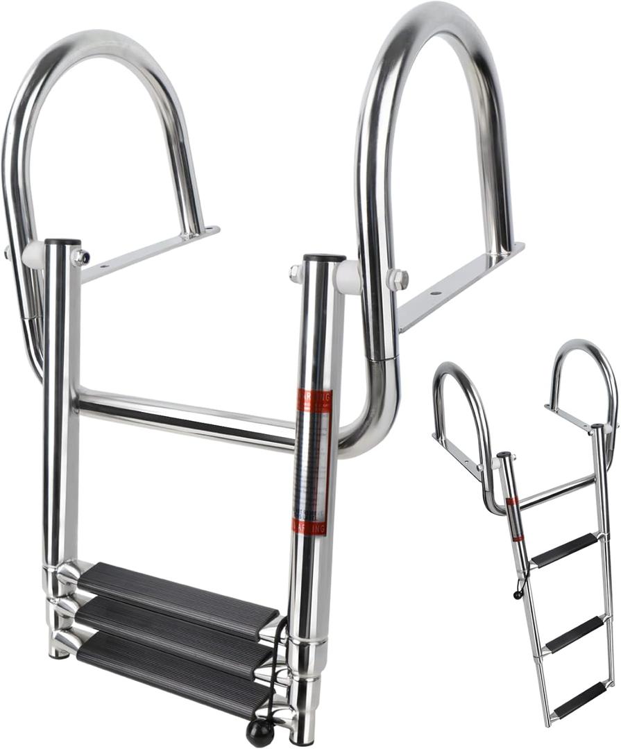 3 Step Pontoon Boat Ladder, Pontoon Ladders for Pontoon Boats, Stainless Steel Rear Entry Inboard Ladders Over Platform