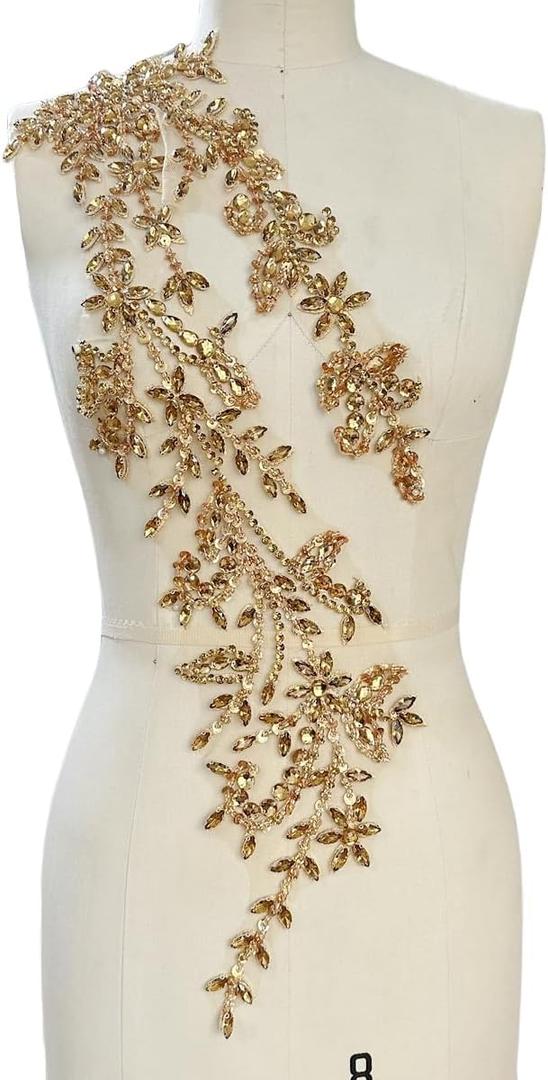 SaEyz Handmade Shining Acrylic Rhinestones on lace Applique Sequins Trimming Patches for Dress Clothing Accessories 4.3X23.6in (Champagne)