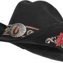 Western Cowboy Hat for Men and Women, Shapeable Big Wide Brim Cowgirl Hat with Embroidery (Large, Black)