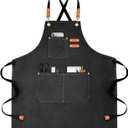 Chef Apron for Men Women Canvas Aprons with 3 Pockets Cross Back Resistant Work Apron for Cooking (Pure Black)