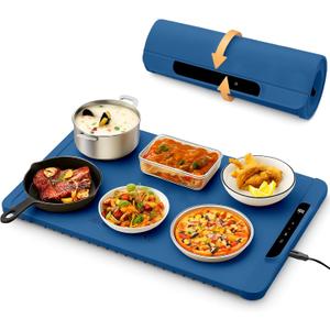 Electric Warming Tray for Food-Versatile Food Warming Mat for Parties- 3 Temperature Settings-Rollable & Portable,Premium Silicone Nano-Material with Auto Shut-Off - Heating Mat for Gatherings (Blue)