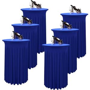6 Packs Round Cocktail Table Skirt 32"x 43" Spandex Stretch Cocktail Tablecloth with Wavy Drapes, Royal Blue Spandex Fitted High Top Table Covers for Wedding Bar Party Birthday Banquet Tables