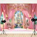 Newsely Princess Castle Garden Backdrop 8Wx6H Photography Pink Palace Curtain Crystal Floral Green Plants Cloud Lamp Sky Cute Background Girly Party Decorations Banner Photo Booth Props Supplies