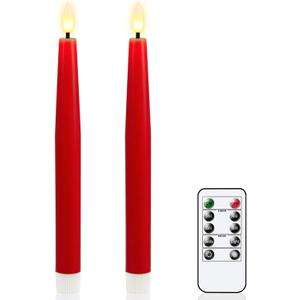GenSwin Flameless Taper Candles, Set of 2 Red LED Taper Candles Battery Operated with Remote Timer, Real Wax Flameless Candlesticks with 3D Flame for Home Wedding Party Holiday Decor (0.78 x 9.65)