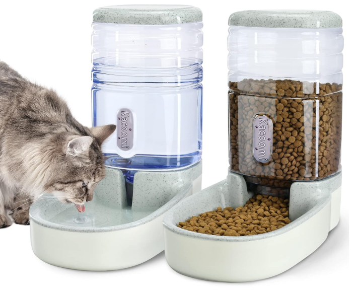 Automatic Dog Cat Feeder and Water Dispenser Gravity Food Feeder and Waterer Set with Pet Food Bowl for Small Medium Dog Puppy Kitten, Large Capacity 1 Gallon x 2(Grey)