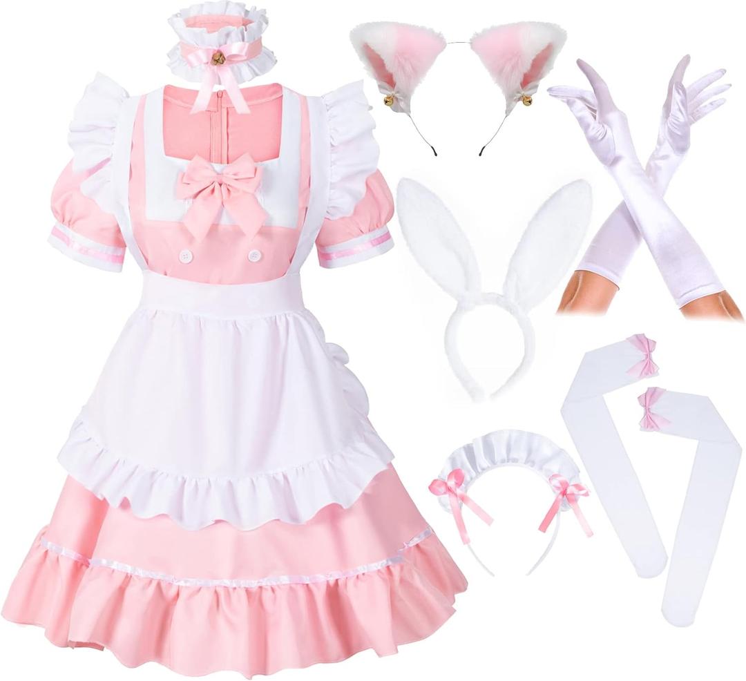 Irtysh Anime French Women Bunny Maid Sweet Kawaii Costume Cosplay Dress Furry Cat Ear Gloves Socks set (Small, Pink)
