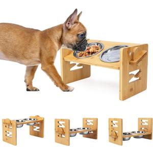 Elevated Dog Bowls, Adjustable Raised Tilted French Bulldog Food Water Bowl, Slanted Bamboo Pet Feeding Station with Stainless Steel Bowl for Small & Medium Dogs, Cat Kitten Flat Faced Puppy Feeder