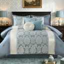 CozyDH Jacquard Queen Comforter Set, Blue White - Luxury 7Pc Bed in a Bag