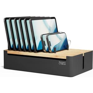 Prosumer's Choice Black Wooden Charging Station Organizer for Multiple Devices - Cable Management Box with 5 Slots and Removable Dividers - Charger Organizer for Phone, Tablet, Home, Office, 12"x6"x7" (Metal & Bamboo Black)