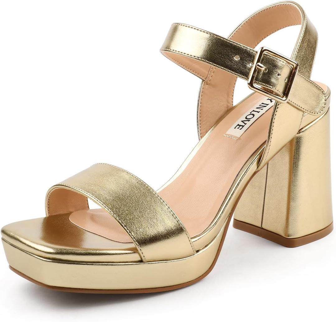 JOY IN LOVE Women's Chunky Platform High Heels Ankle Strap Block Heel Sandals (10, Gold Matte)
