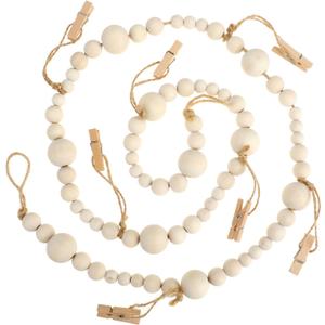 4 Feet Hanging Photo Display with Clips, Wooden Bead Garland Boho Style Collage Photo Frame Decoration Collage Card Picture Kids Art Holder String for Dorms Classrooms Bedrooms Living Room Christmas