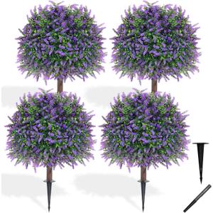 4-Pack Artificial Lavender Topiary Balls, Ground Spikes, UV Resistant | 4-Pack artificial lavender topiary balls with ground spikes; UV resistant, maintenance-free for indoor/outdoor garden dcor