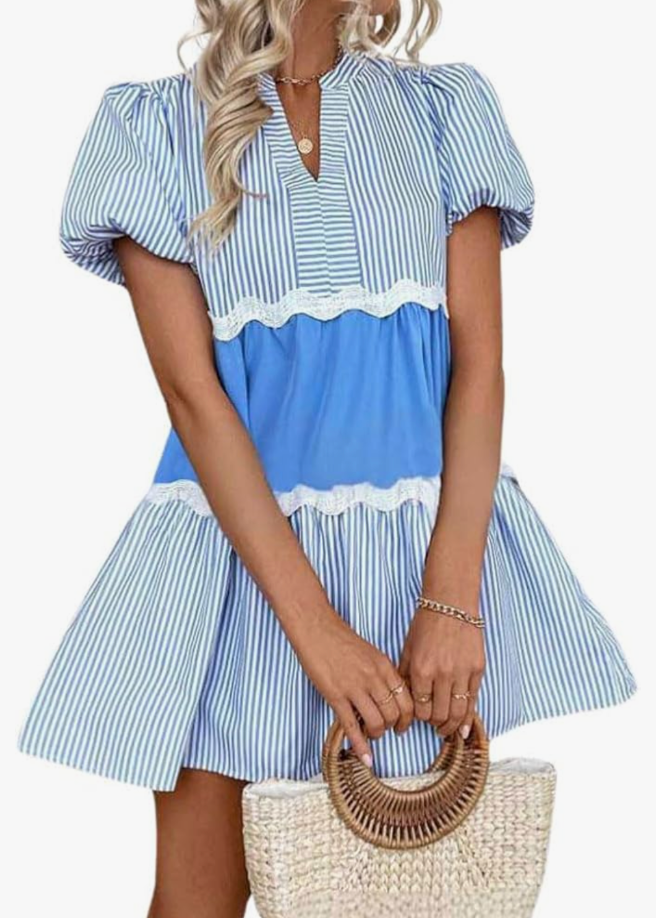 chouyatou Women's Summer V-Neck Striped Tunic Dress Tiered Lace Patchwork Beach Mini Cute Babydoll Dress S