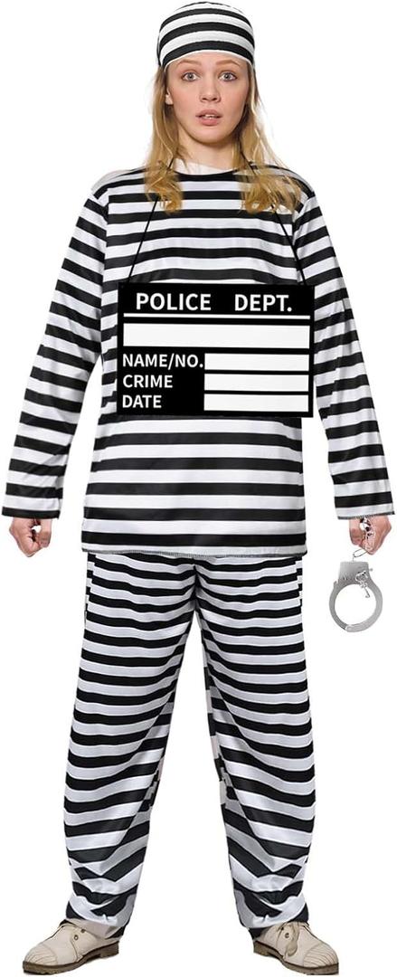 Kavoc 5 Pcs Jail Prisoner Costume Set Black White Striped Criminal Jumpsuit with Inmate Handcuff and Convict Nameplate for Adult Women Halloween Jailbird Cosplay