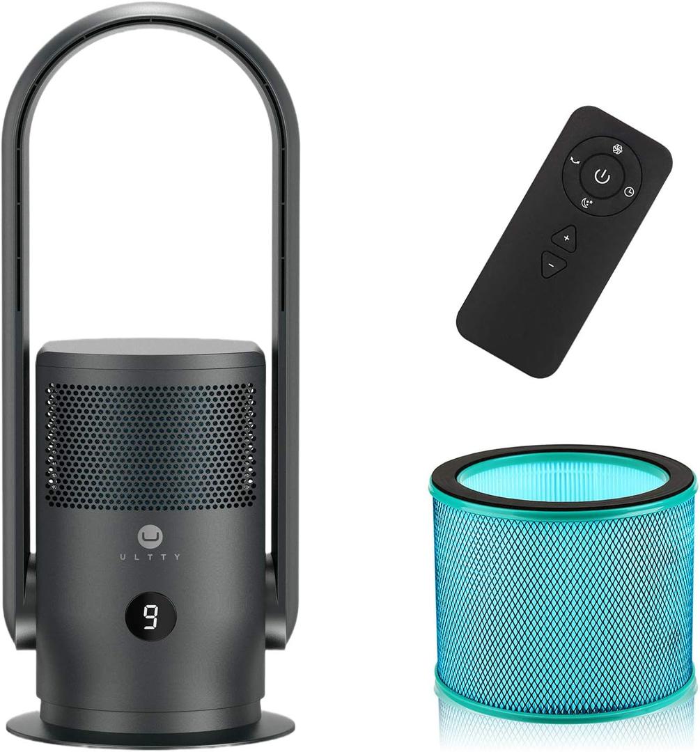 ULTTY Bladeless Tower Fan and Air Purifier in one, 90 Oscillating Bladeless Fan with Remote, Touch, 8H Timer, Floor Fans for Bedroom Whole Room Home Office R021, Black (Medium)