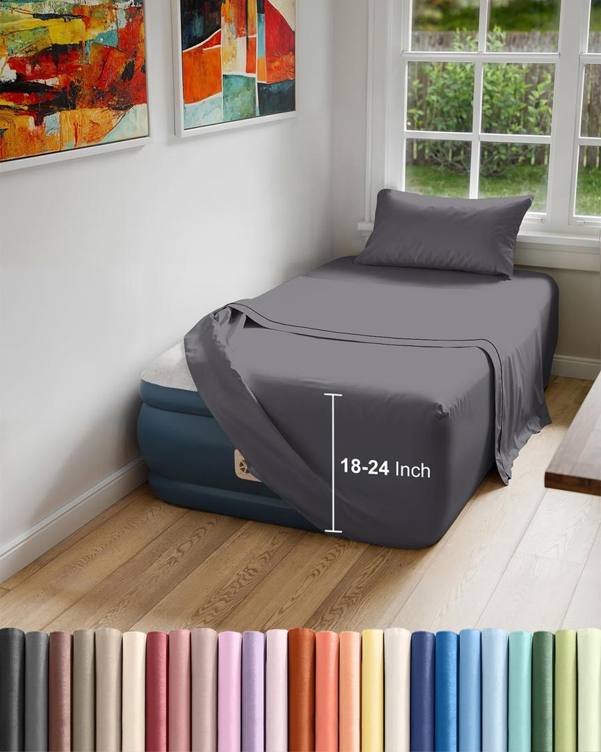 Air Mattress Sheet Set for Twin Size - 3 Piece Breathable & Cooling Sheets w/Extra Deep Pockets - Fits Inflatable & Blow Up Air Mattresses Up to 24 Inches Thick - Soft and Wrinkle Free - Dark Grey