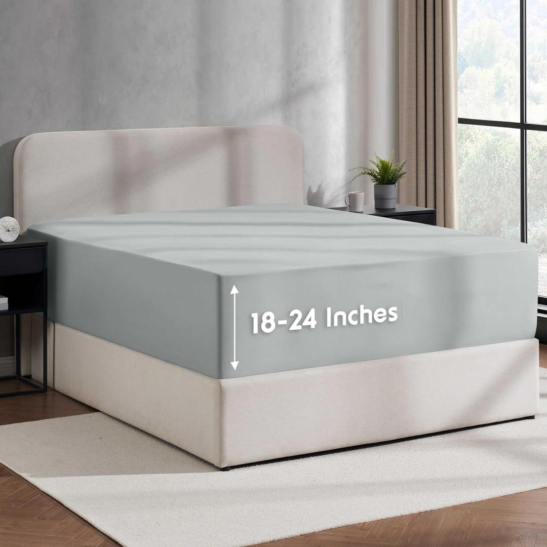Nestl Light Grey Extra Deep Pocket Fitted Sheet Queen, Hotel Luxury Queen Fitted Sheet Only Easily Fits 18 to 24 Inch Mattress, Super Soft, Wrinkle-free, and Breathable Bottom Sheets with Corner Strap