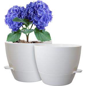 10 inch Self Watering Pots, 2 Pack Plastic Planters with Mesh Drainage Holes for Garden Plants and Flower, Plants Pots with Deep Reservoir for Indoor Outdoor Plants, White