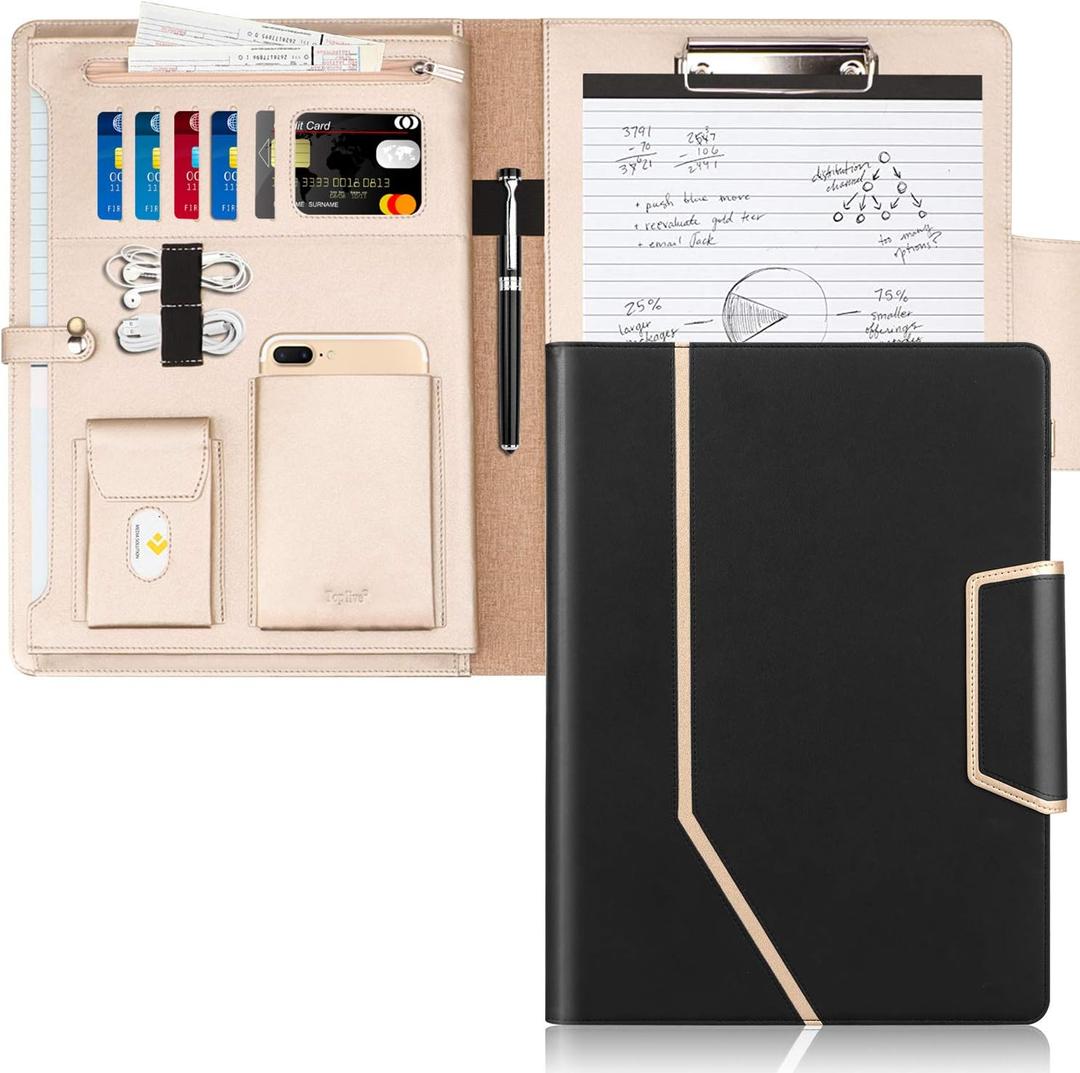 Toplive Conference Folder - Executive Business Padfolio with Letter/A4 Size Clipboard, Document Sleeve & Card Holders - Black