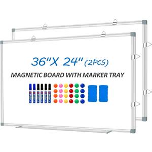 White Board Dry Erase Whiteboard for Wall 36" x 24" (2pcs) Aluminum Presentation Magnetic Whiteboards with Long Pen Tray, Hanging Whiteboard for Office, Meeting Room, Classroom, School & Home