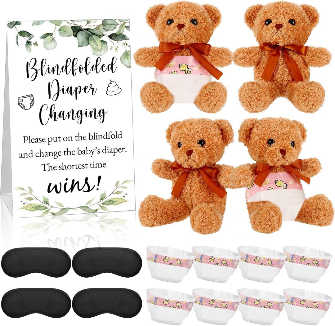 17 Pcs Bear Blindfolded Diaper Changing Baby Shower Games Include 12 Inch Bear Blindfold Diapers Introduction Sign for Adults Gender Reveal Games Party Prizes Gifts (Greenery)