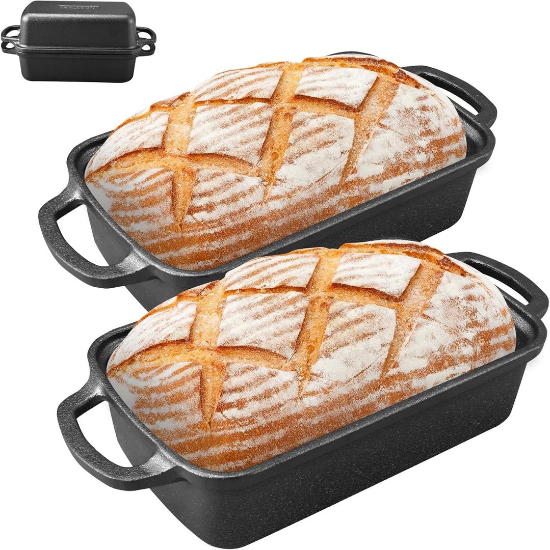 2 in 1 Cast Iron Bread Pan with Lid 95 Inch - Loaf Bakeware for Sourdough & Sandwich Bread - Pre-Seasoned Dutch Oven Style - Heavy Duty with Even Heating